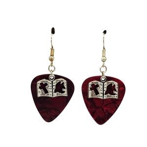 Bible Book Charm with Cross and Dove Guitar Pick Earrings - Choose Color